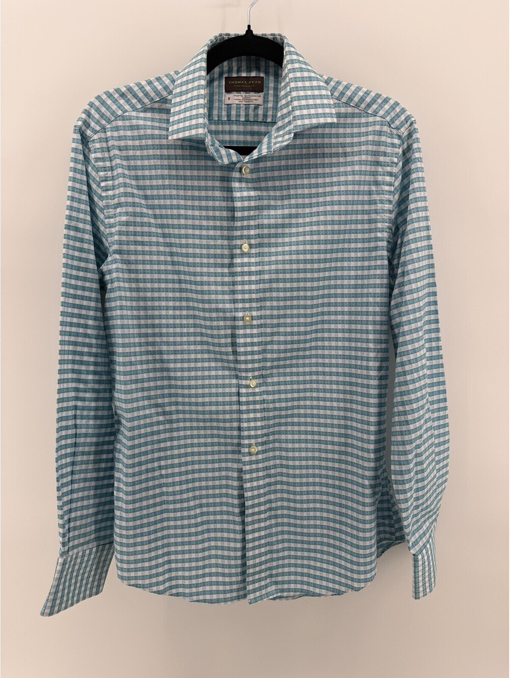 Thomas Dean Performance Menβs Button Down Shirt Blue Gingham Check Size S